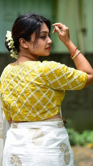 Mustard Lattice Hand Embroidered Blouse