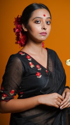 Chhaya (Shadow) – Black Chanderi Blouse with Red & Gold Zari Embroidery