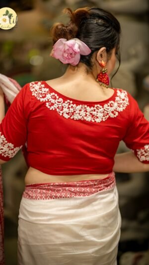 Red Sabeki – Khadi Linen Blouse with White Embroidery