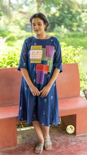 Chaitrika Blue Jamdani Patchwork Dress